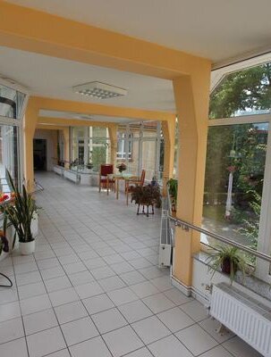 Ein heller Flur mit großen Fenstern, der von Pflanzen gesäumt ist. Auf der linken Seite steht eine Holzskulptur eines Pferdes. Am Ende des Flurs sind einige Möbel und ein Blick auf den Außenbereich mit Bäumen und Grünflächen zu sehen.